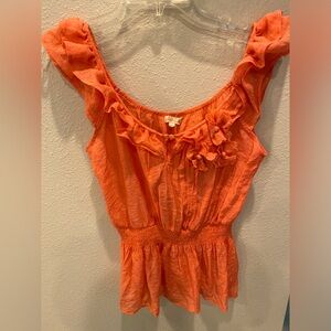 Light and breezy, orange,  ruffled neckline and ruched waist,  top. Size L.